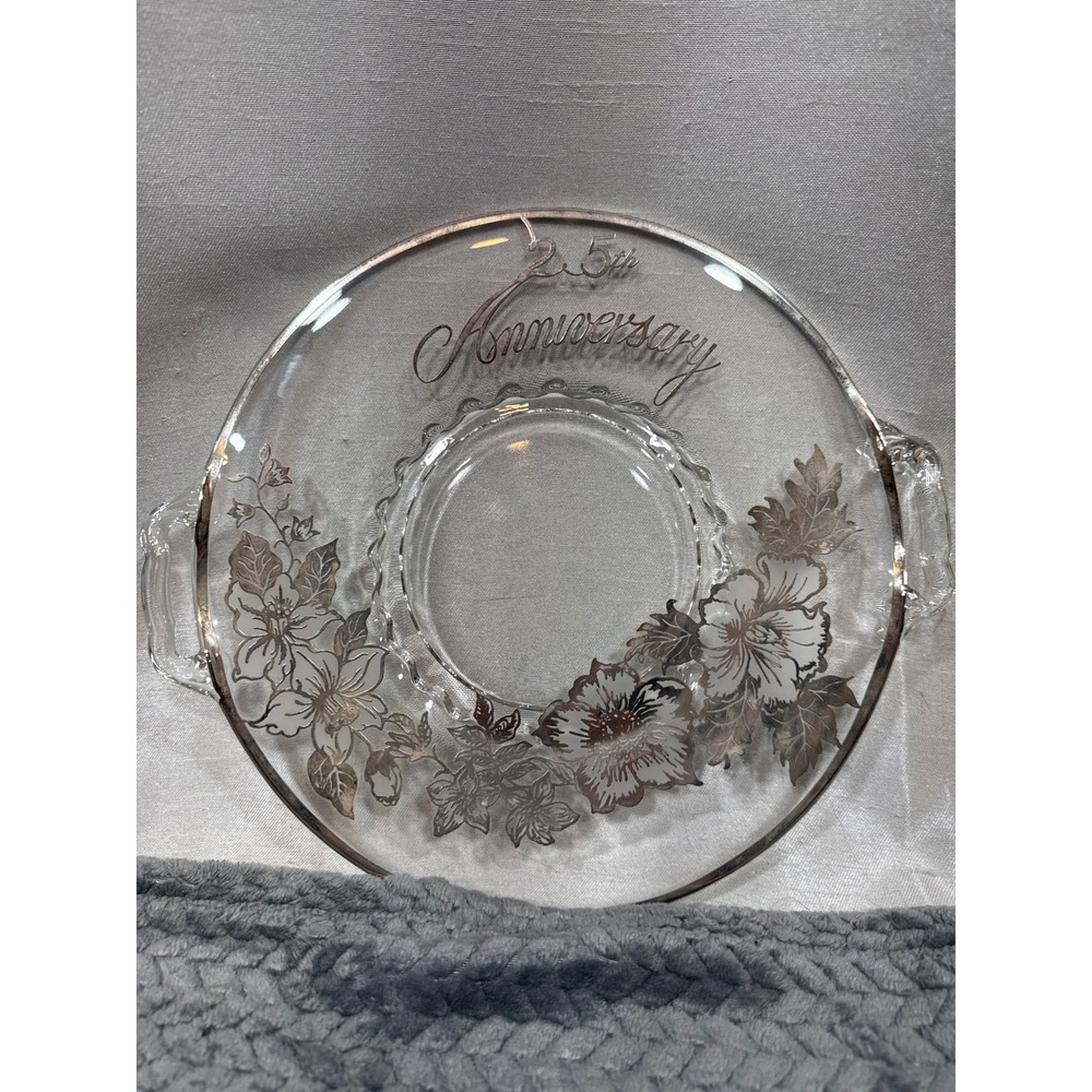 Vintage 25th Anniversary Glass Serving Tray Silver Floral Overlay Handled Plate